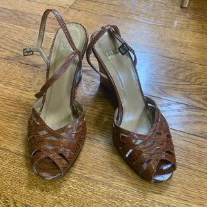 Brown leather crocodile embossed wedge sandals